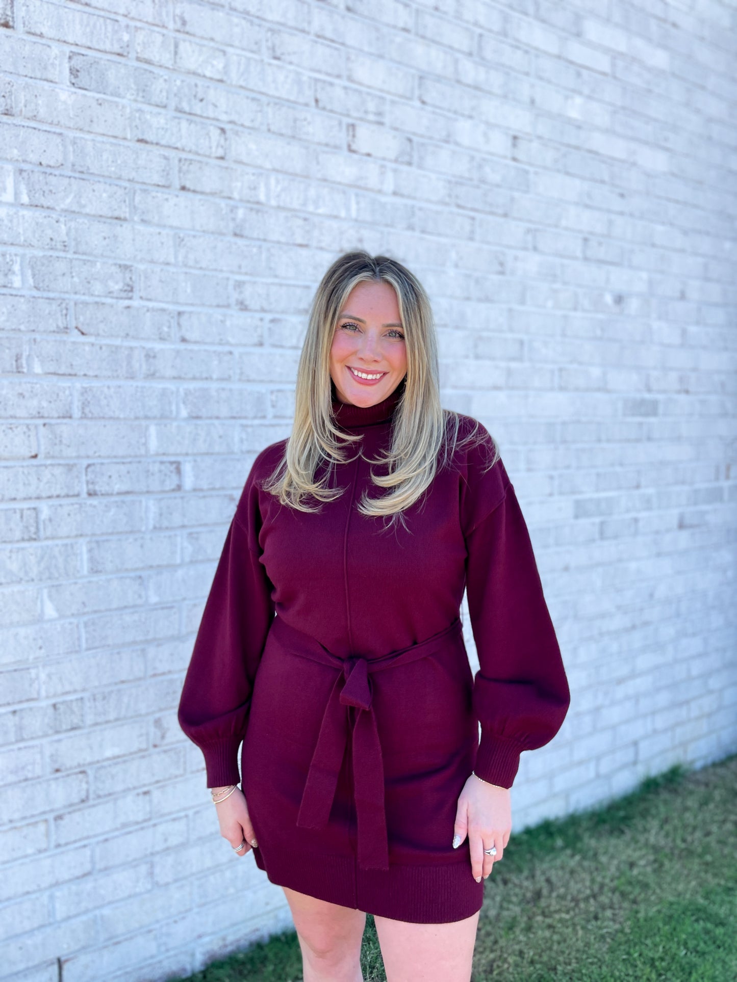 Turtle Neck Tie Sweater Dress