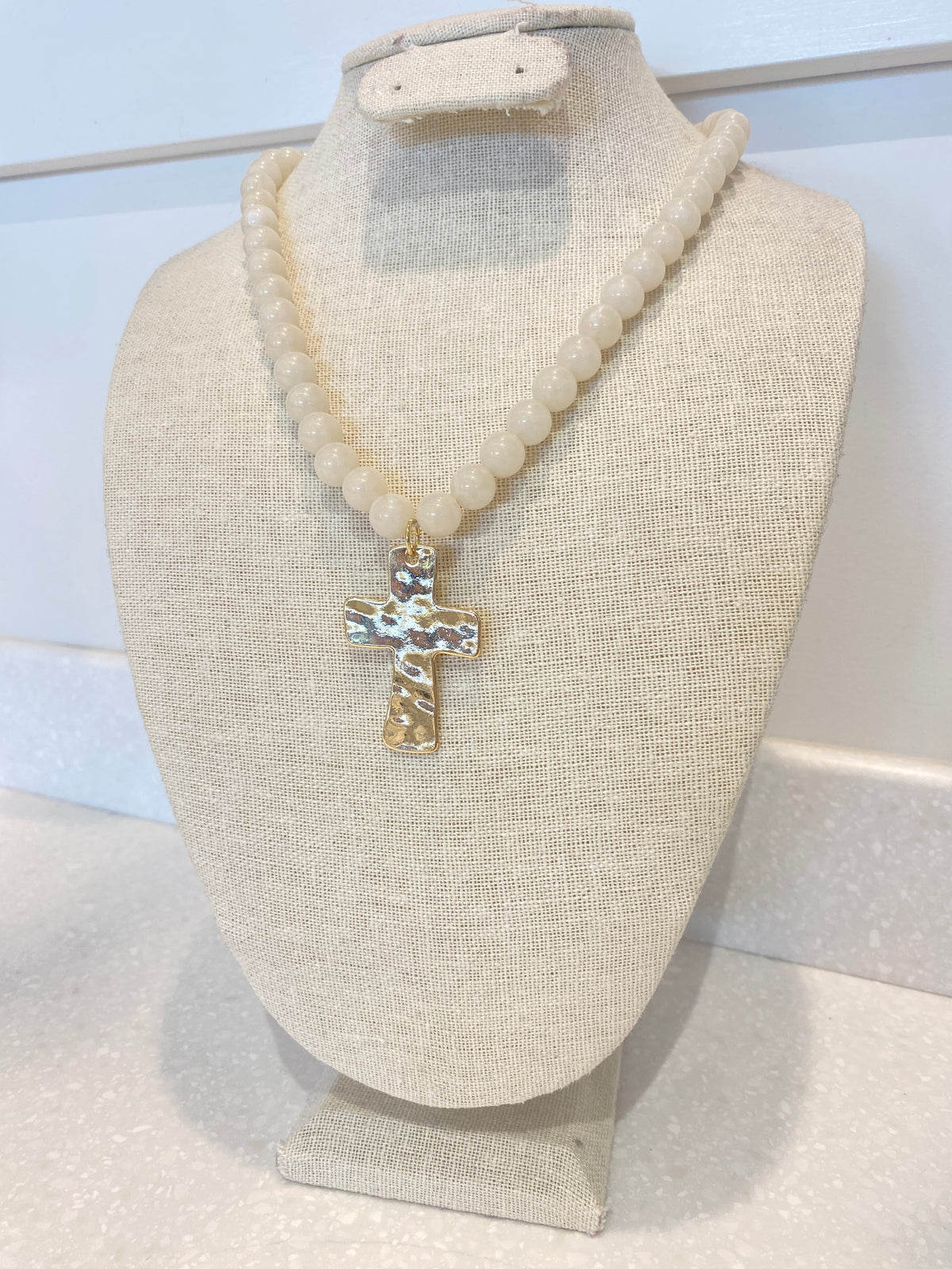 Beaded Cross Necklace - Cream