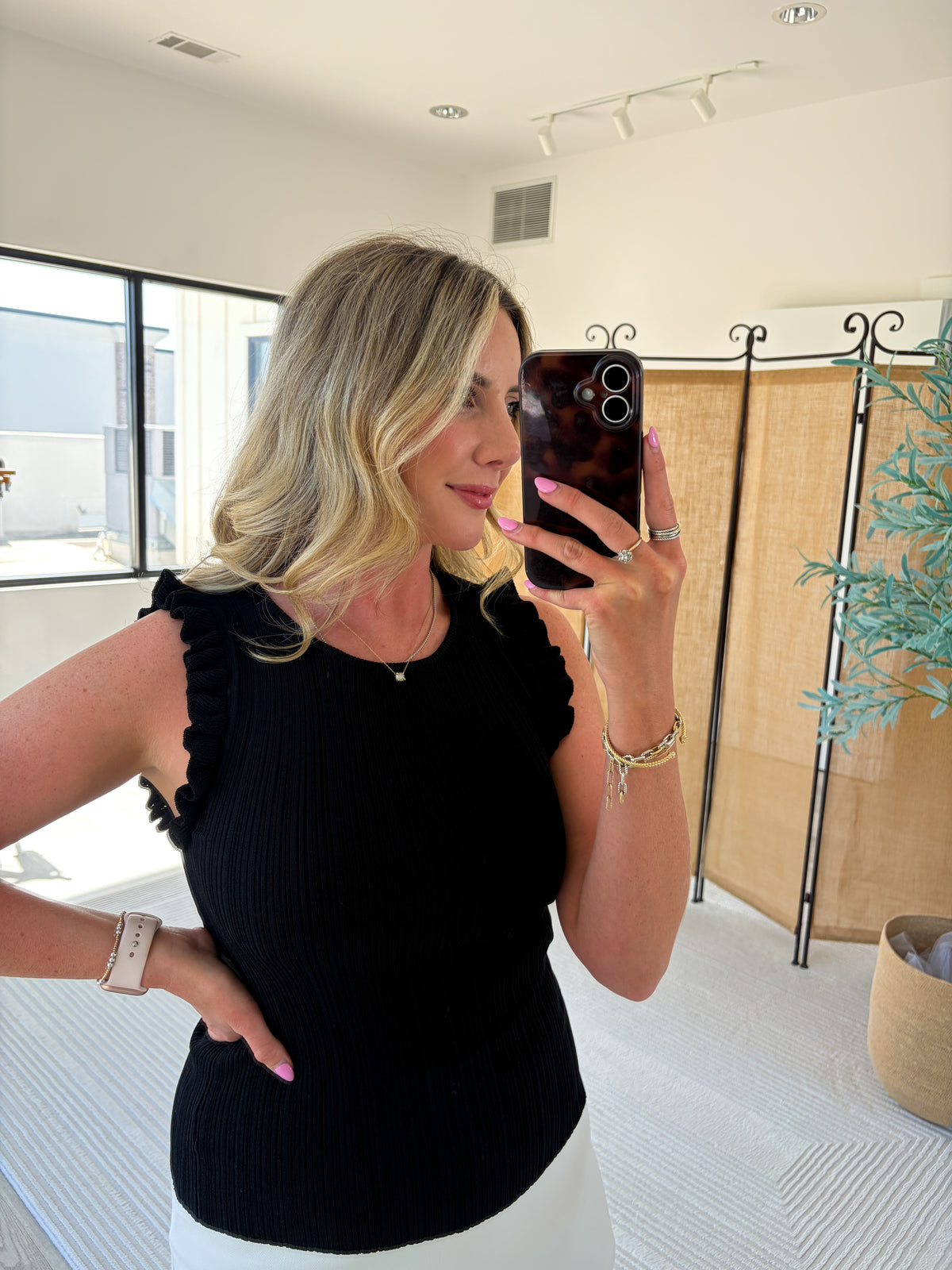 Ribbed Ruffle Sleeve Tight Fit Top