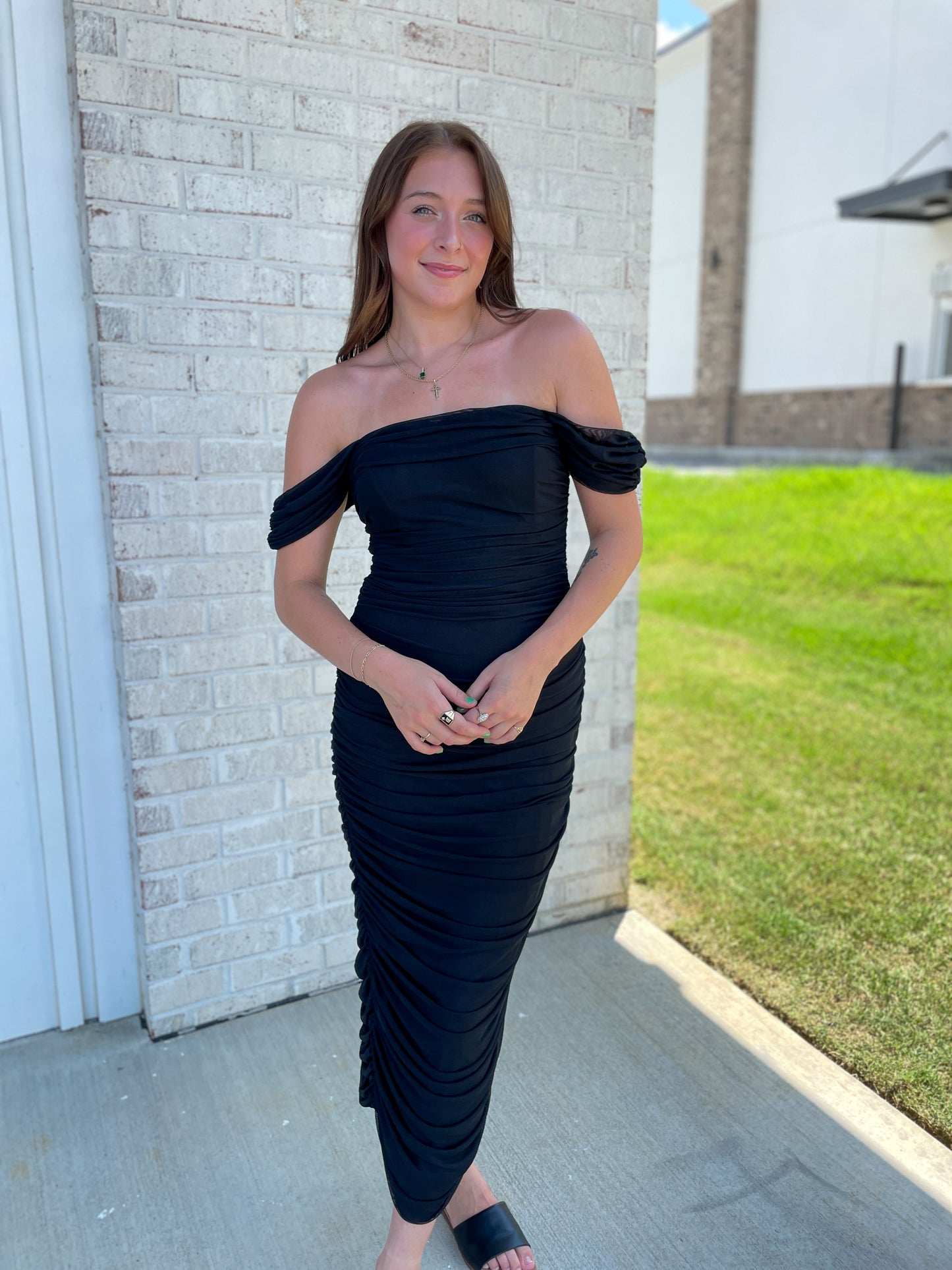Clairo Ruched Off-Shoulder Midi