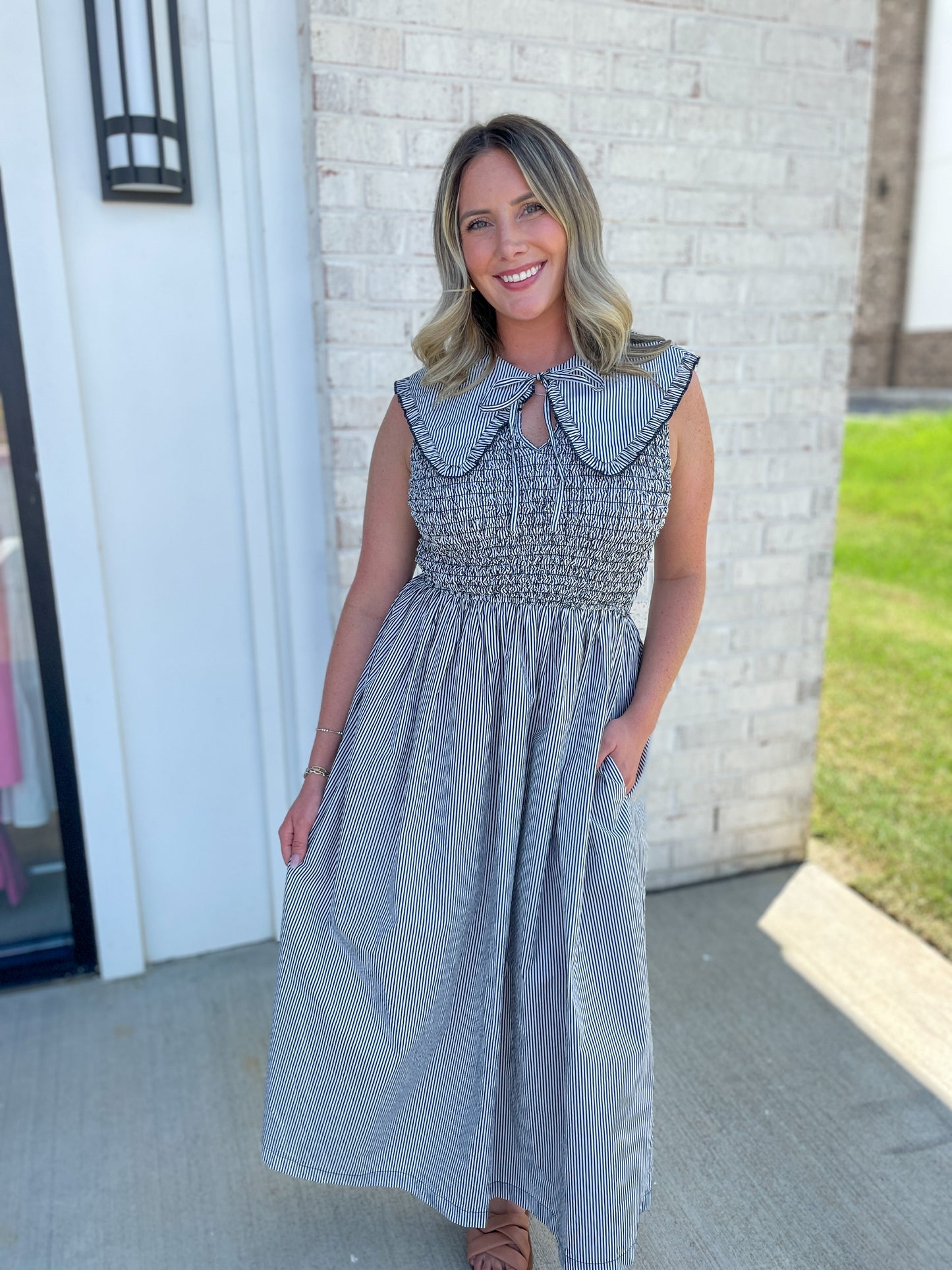 Michele Collared Pin-Stripe Midi