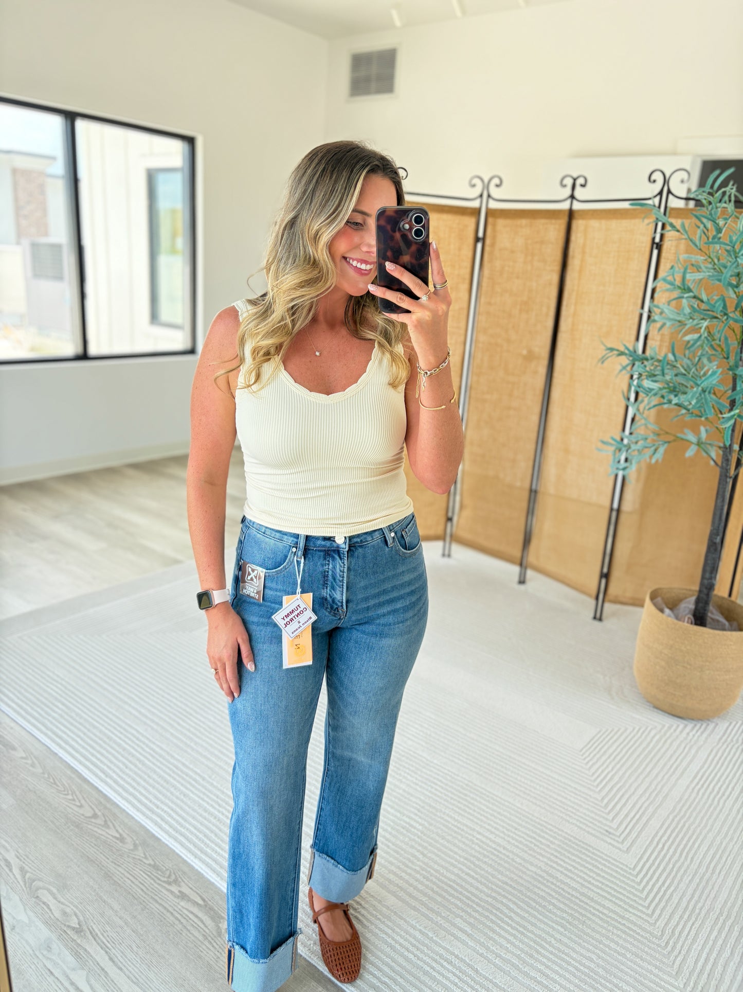 Risen Tummy Control 4 Way Stretch Mid Rise Crop Straight Cuffed Jeans