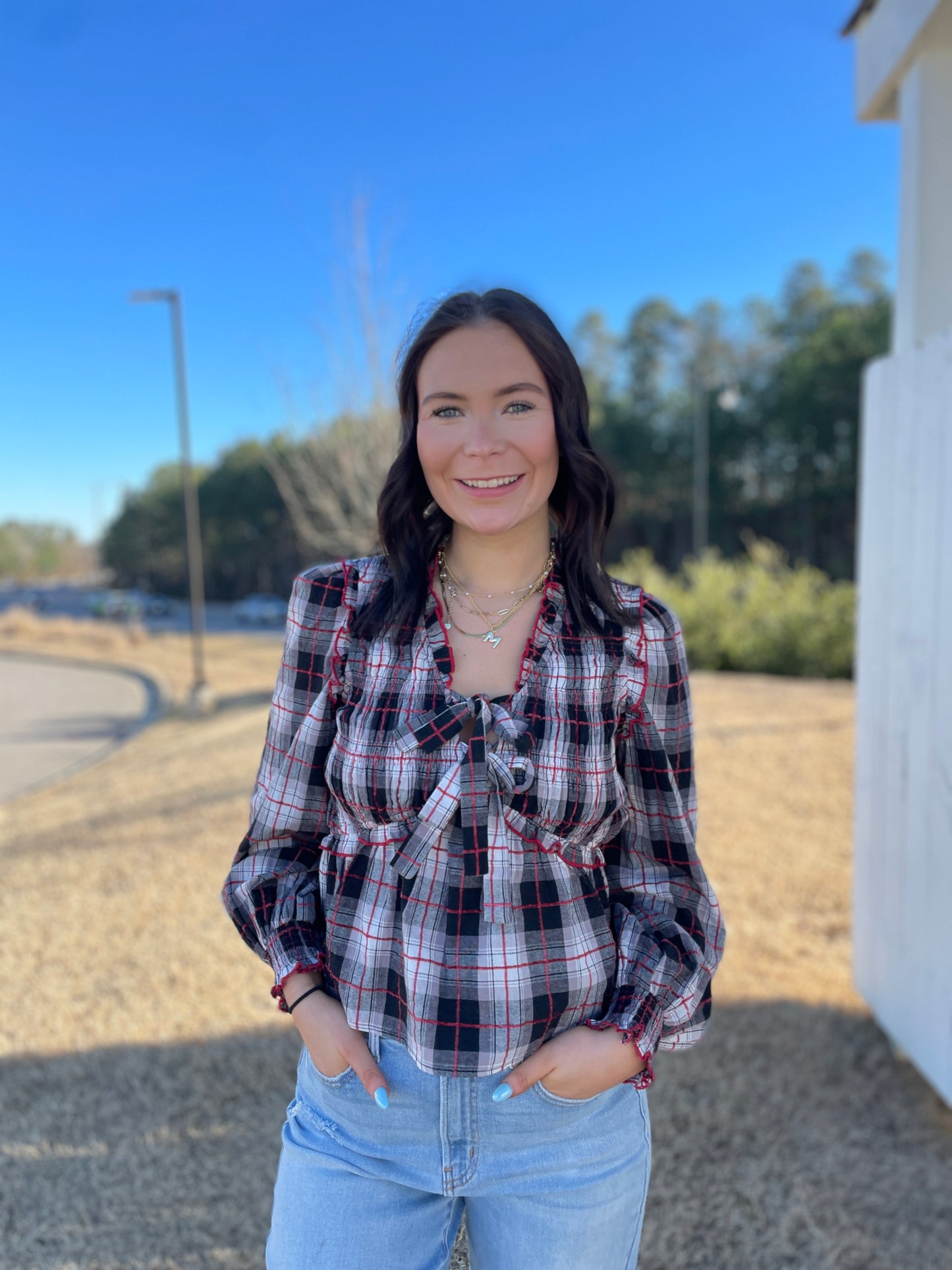 Plaid Vneck Bow Tie Top
