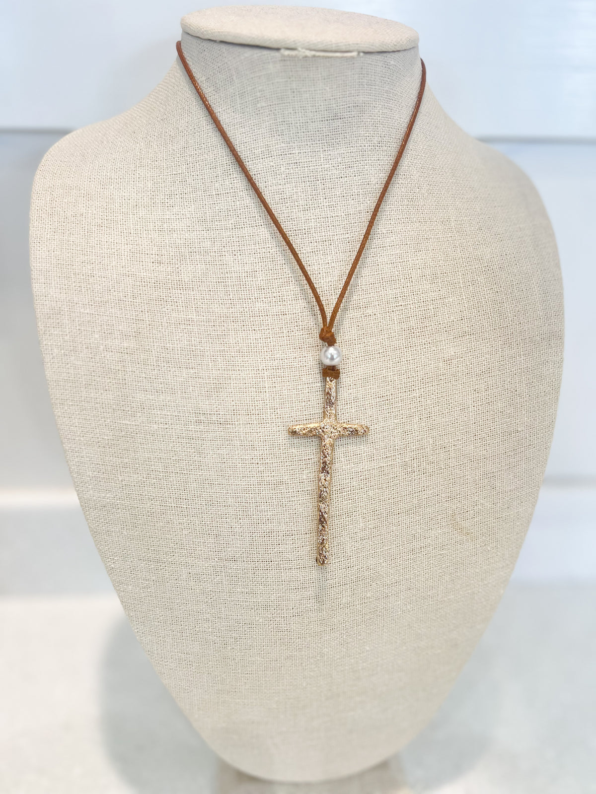 Brown Rope Gold Cross Necklace