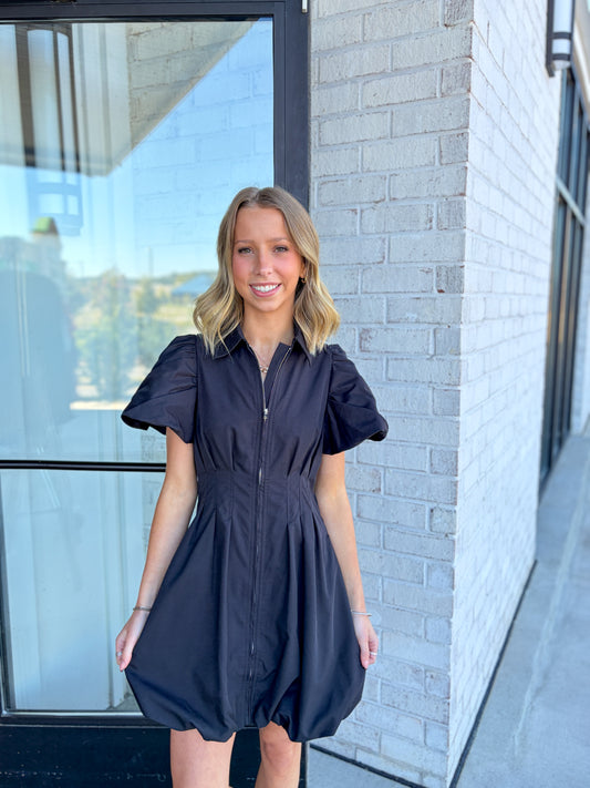 Puff Sleeve Zip-Up Mini Dress