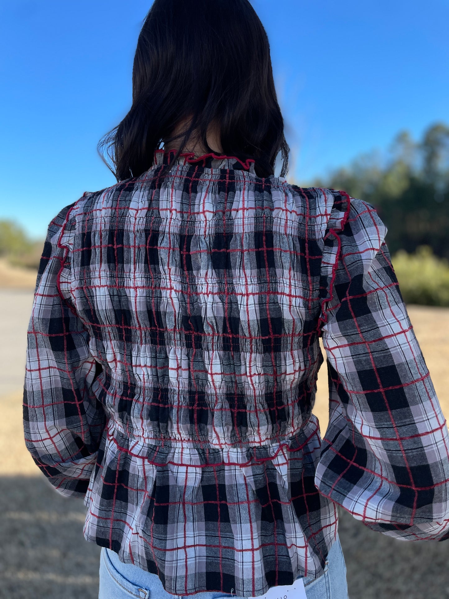Plaid Vneck Bow Tie Top