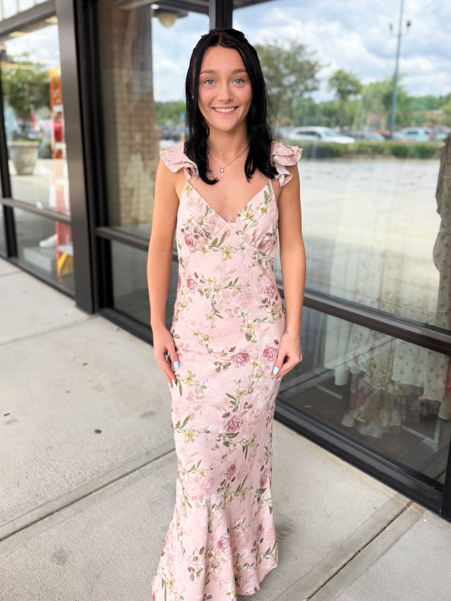 Satin Floral V-Neck Maxi Dress