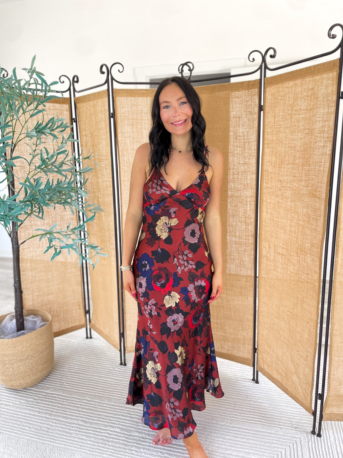 Floral Satin V-Neck Maxi Dress