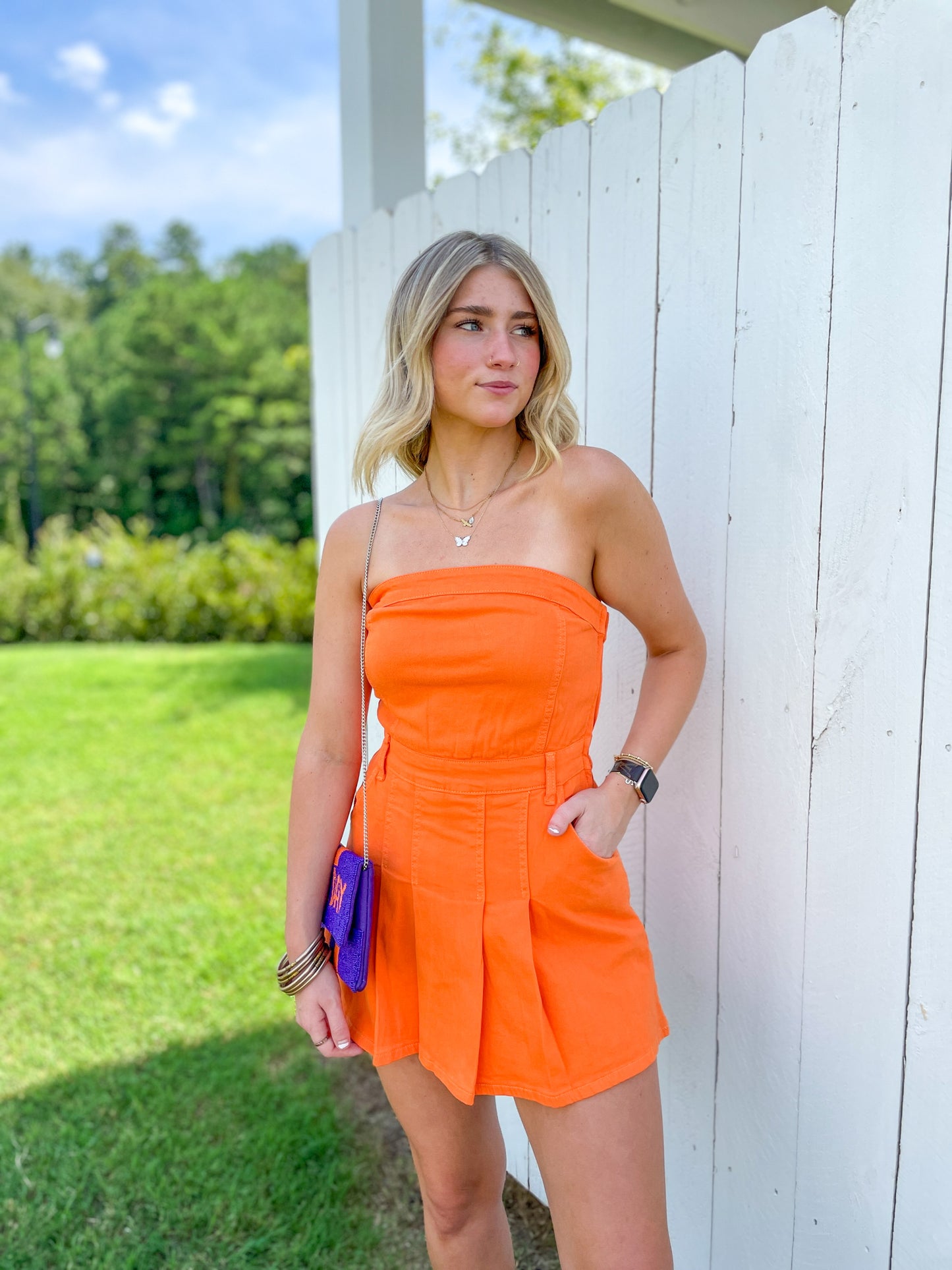 Lincoln Pleated Strapless Denim Romper