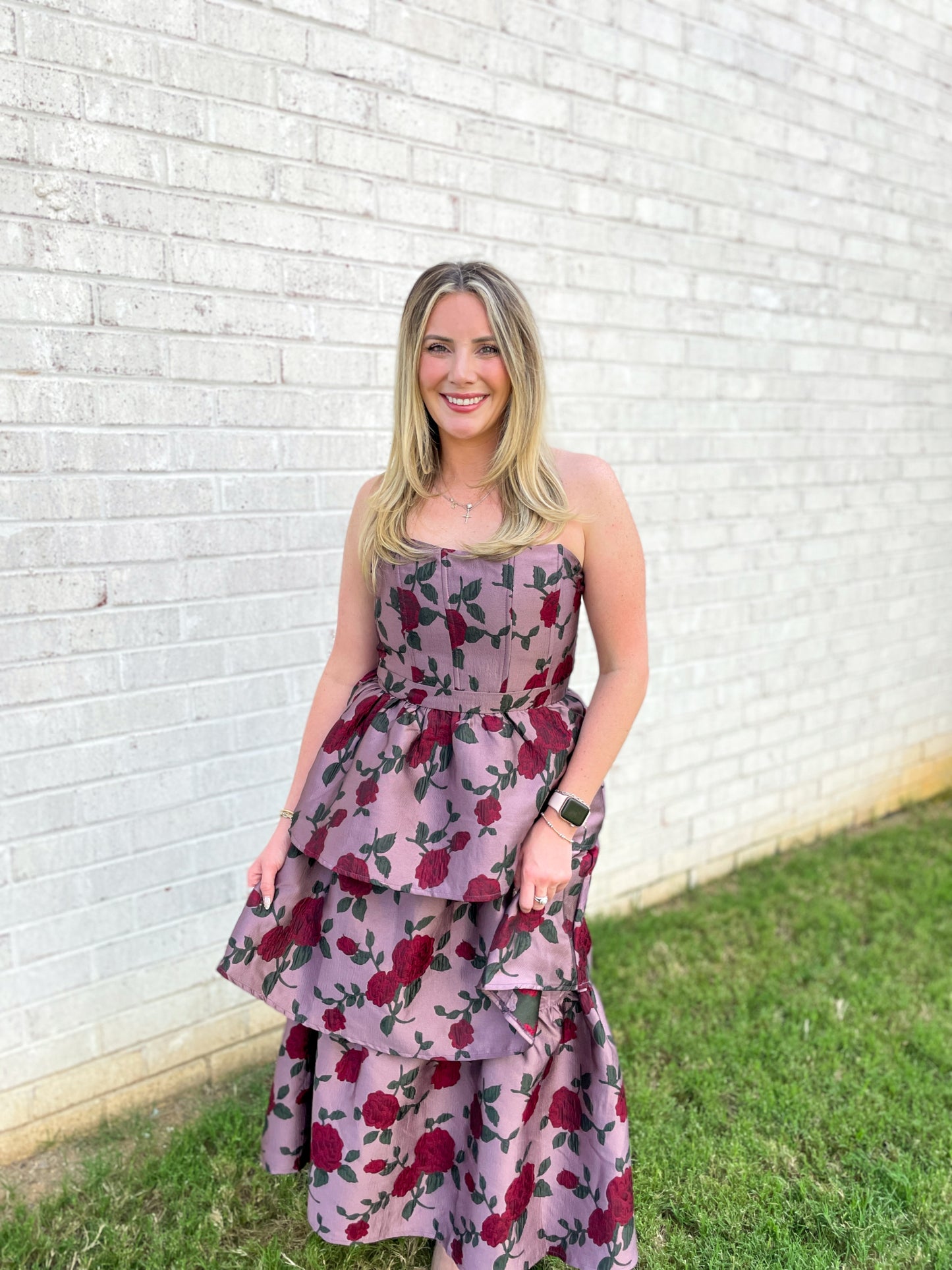 Rose Print Strapless Midi Dress