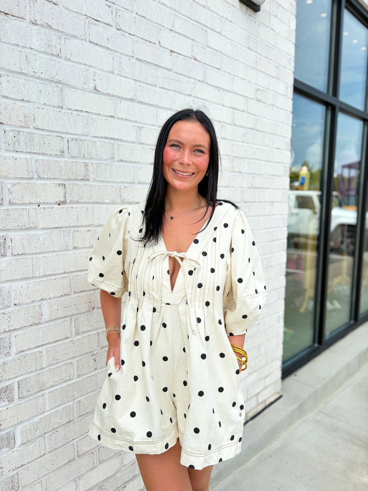 Polka Dot Denim Romper