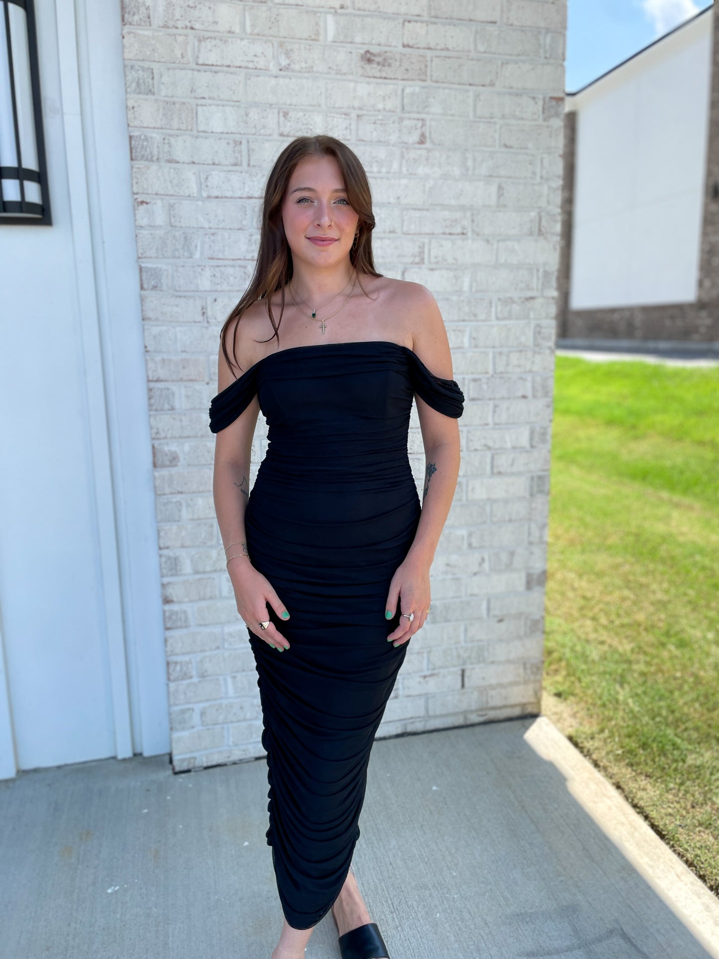 Clairo Ruched Off-Shoulder Midi