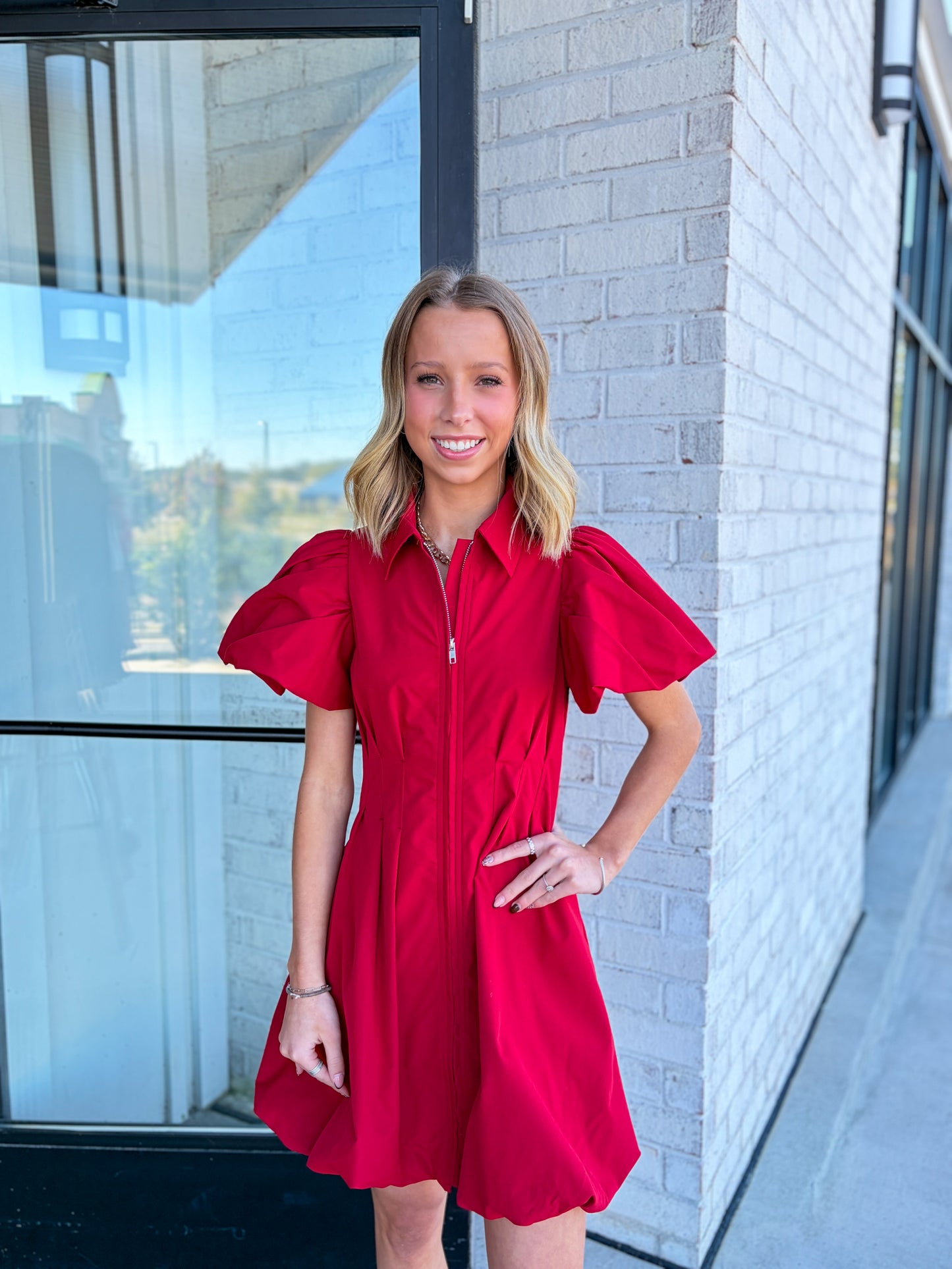 Puff Sleeve Zip-Up Mini Dress