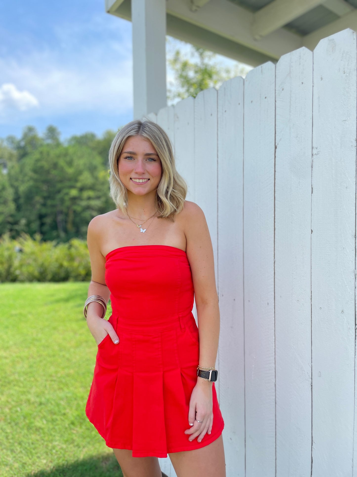 Lincoln Pleated Strapless Denim Romper