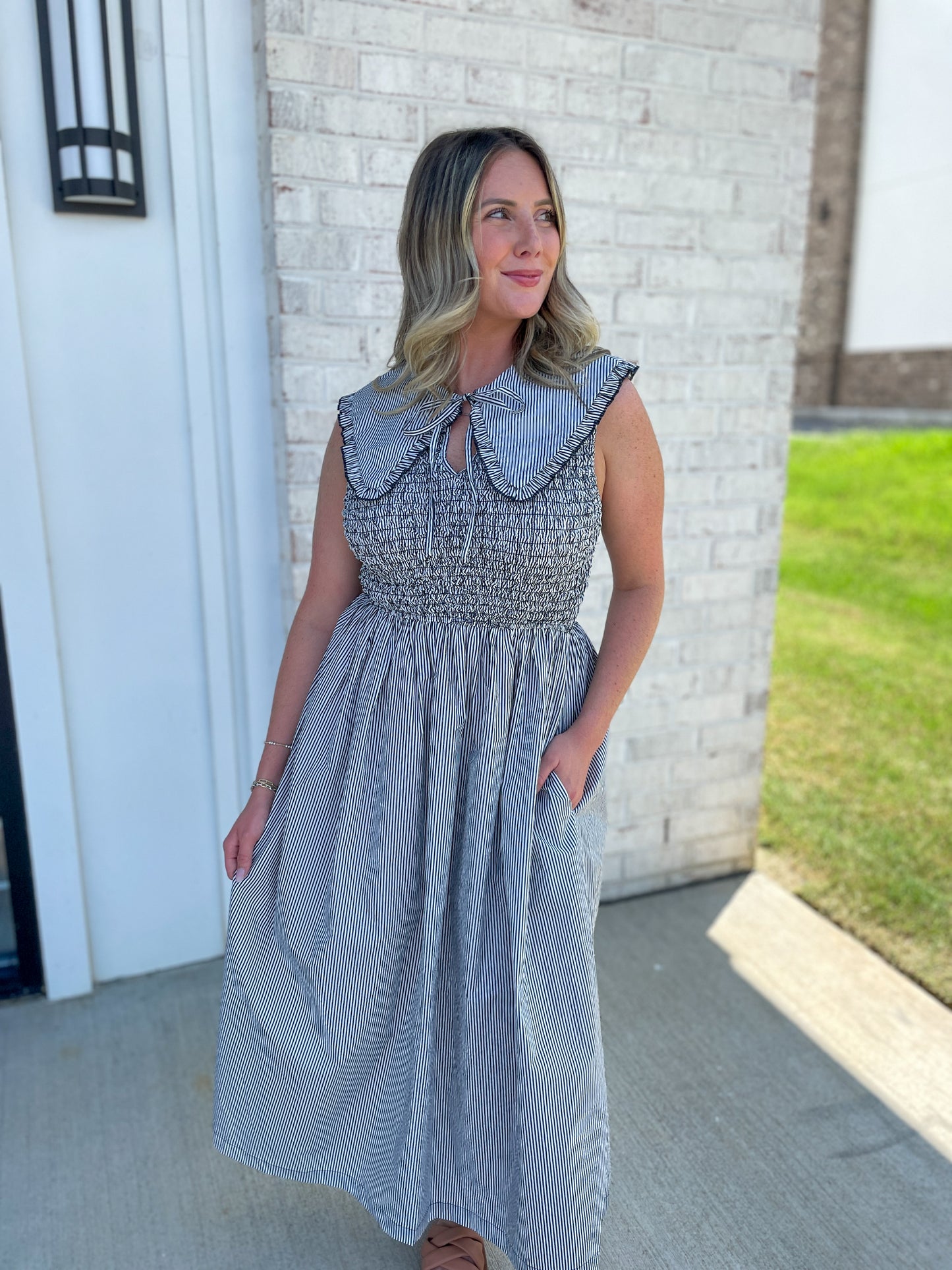 Michele Collared Pin-Stripe Midi
