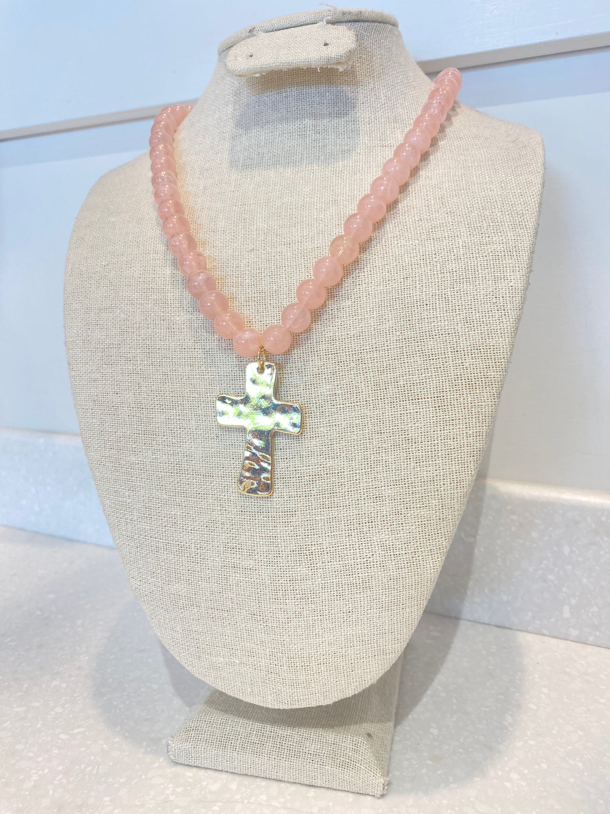 Beaded Cross Necklace - Pink