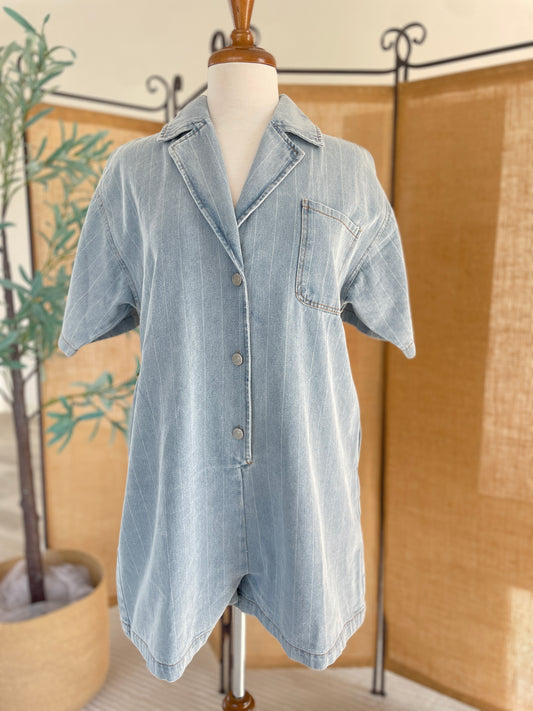 Keran Pin Striped Denim Romper