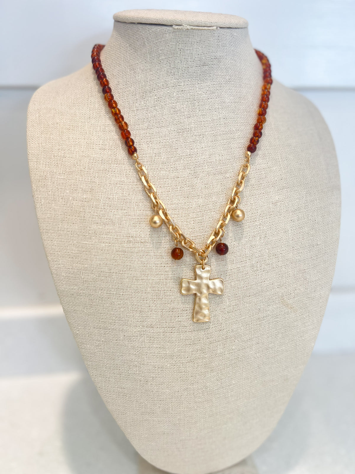 Amber Beaded Cross Necklace