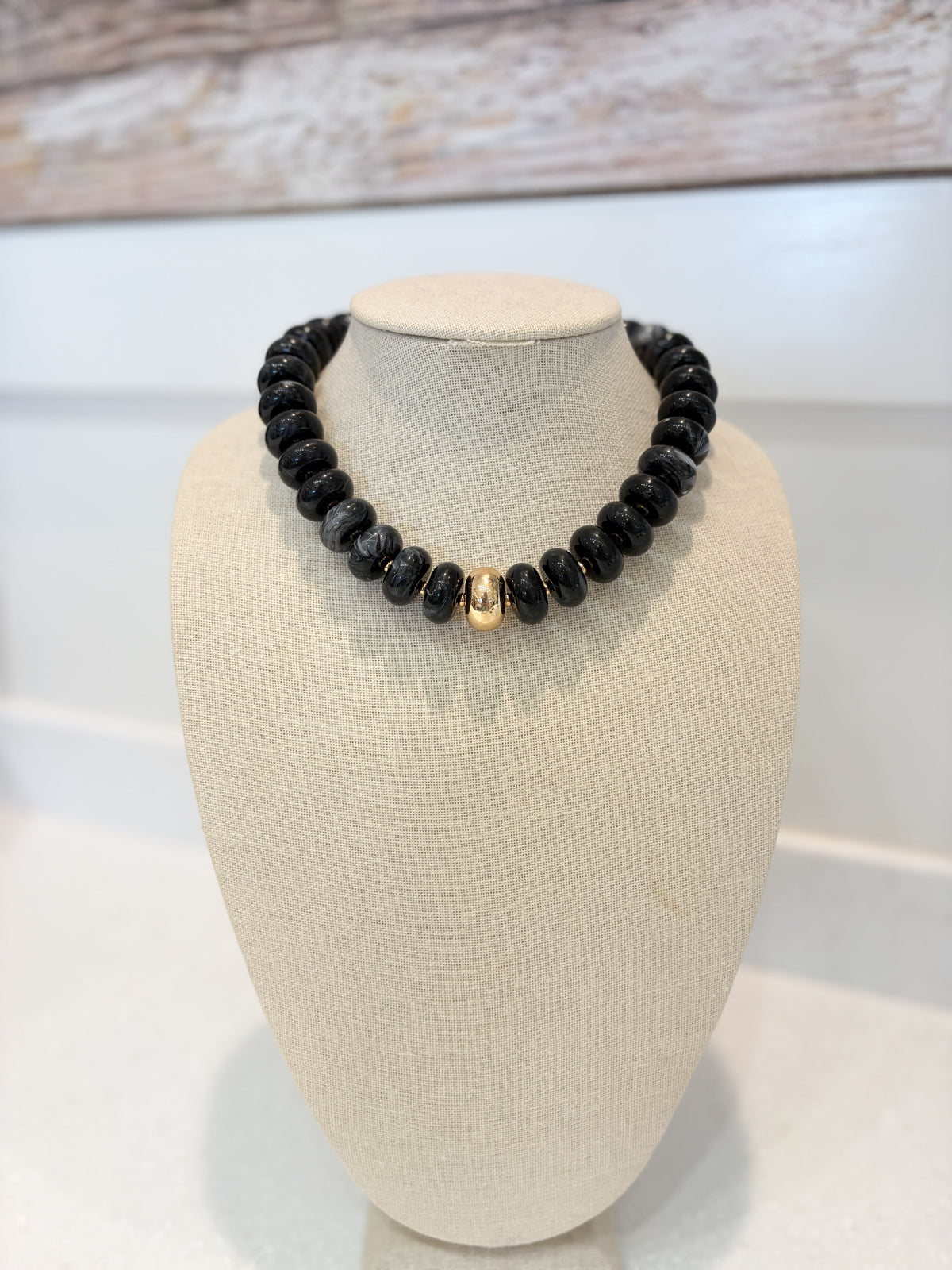 Flat Bead Chunky Necklace - Charcoal