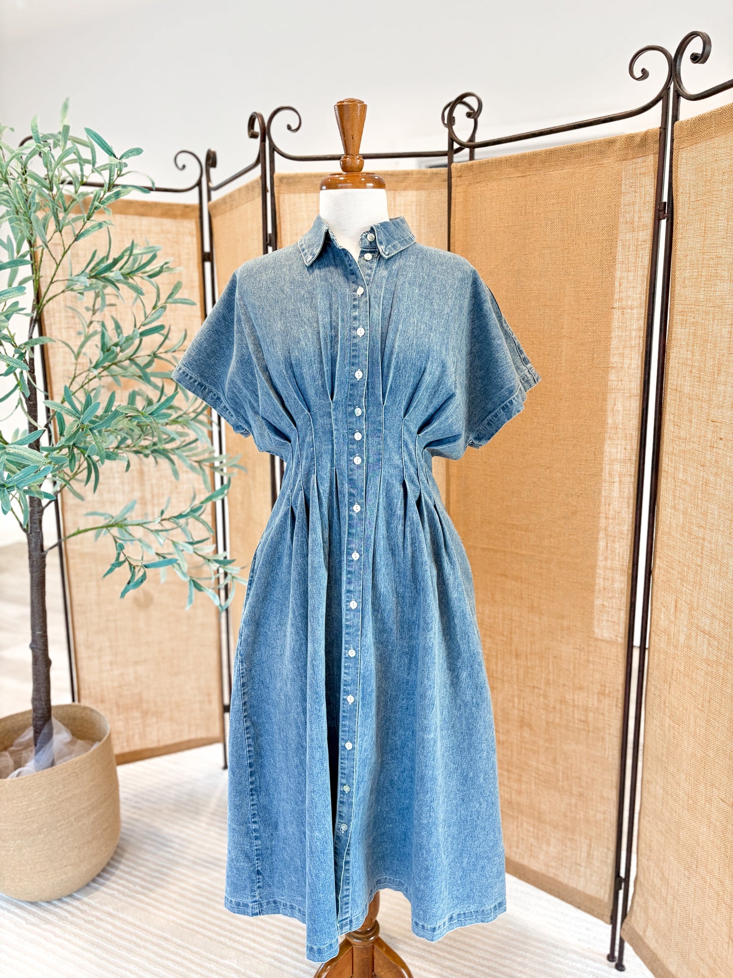 Denim Cinch Waist Midi Dress
