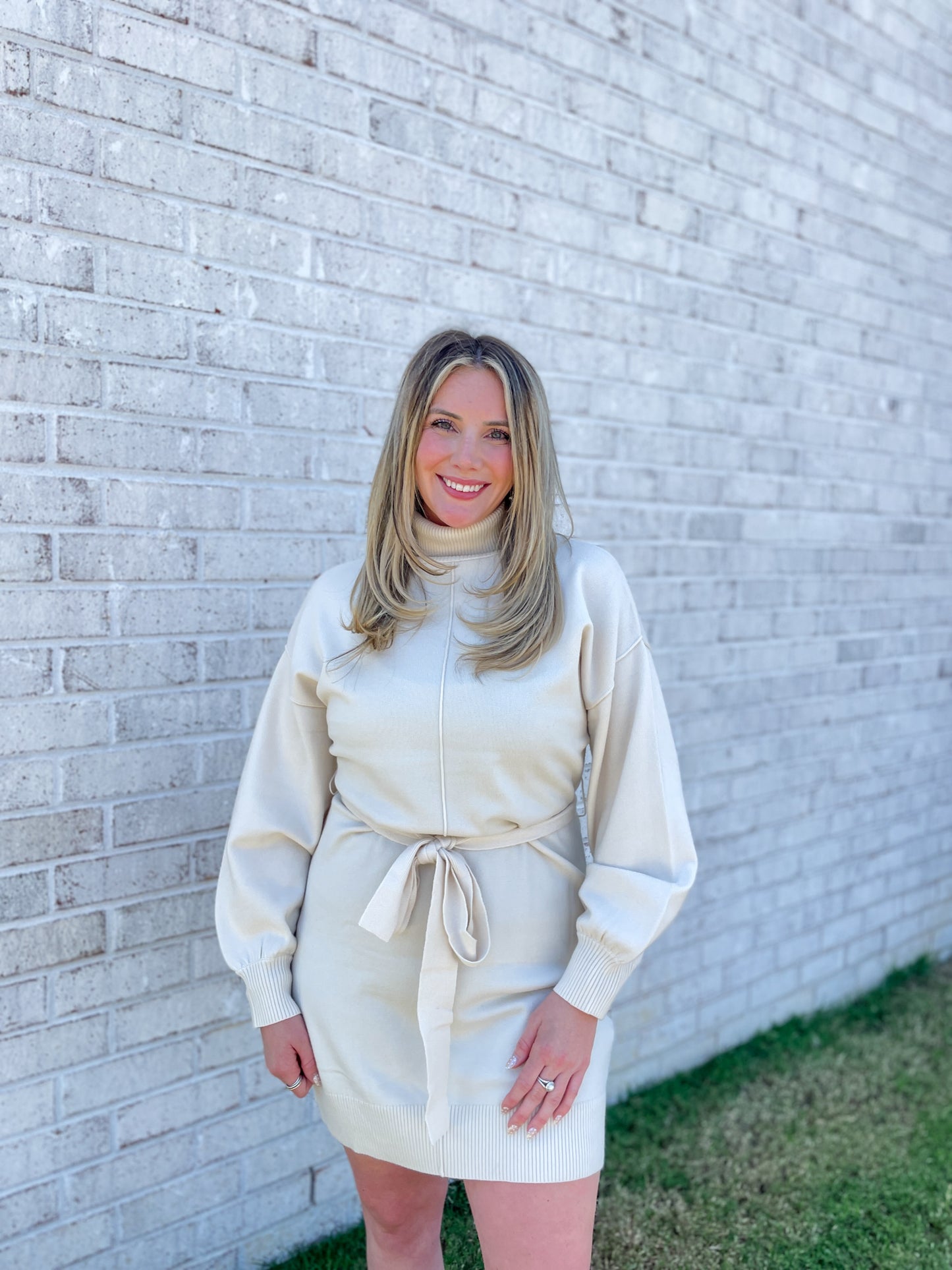 Turtle Neck Tie Sweater Dress