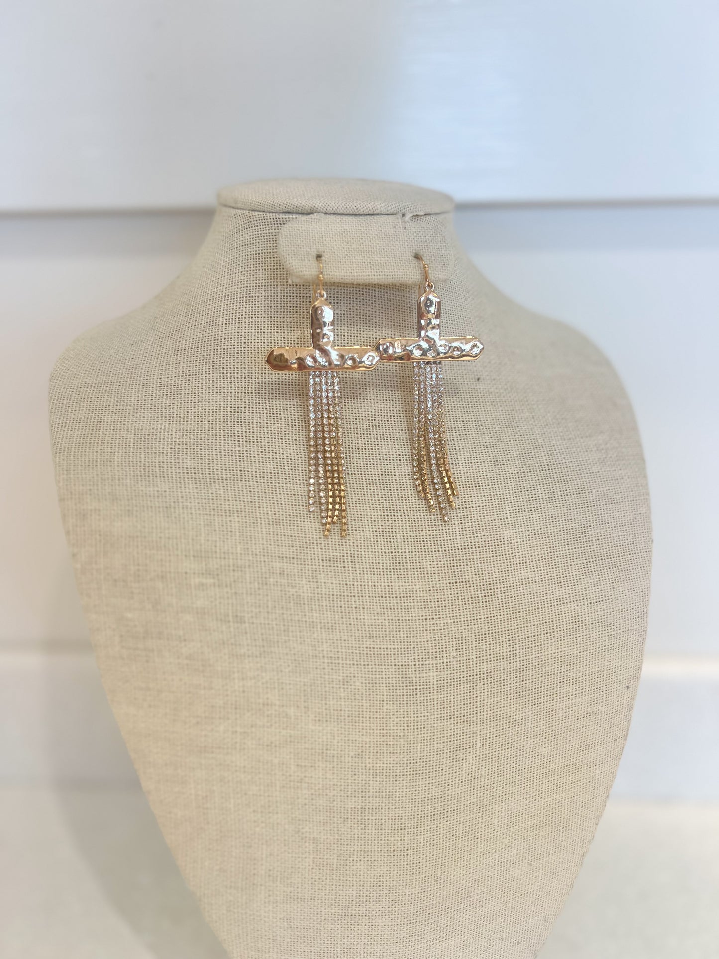 Gold Rhinestone Cross Earrings