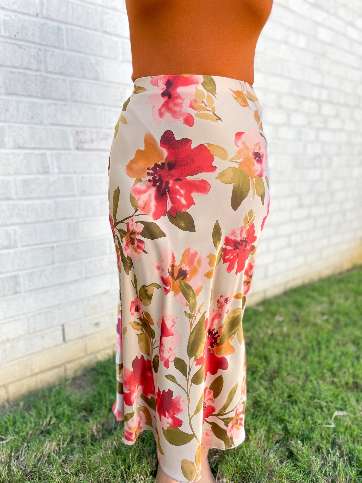 Satin Floral Midi Skirt