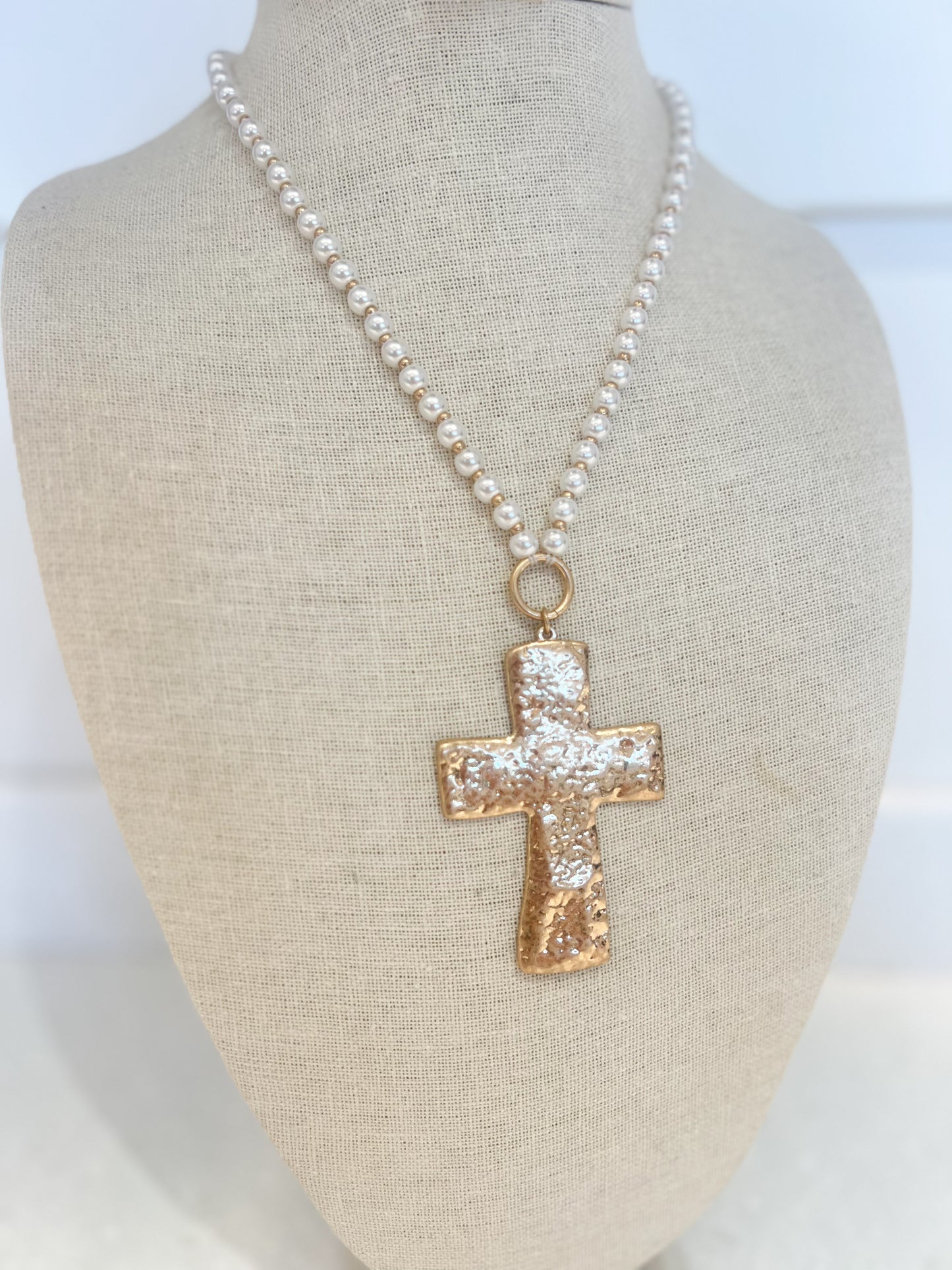 Large Gold Cross Pearl Necklace