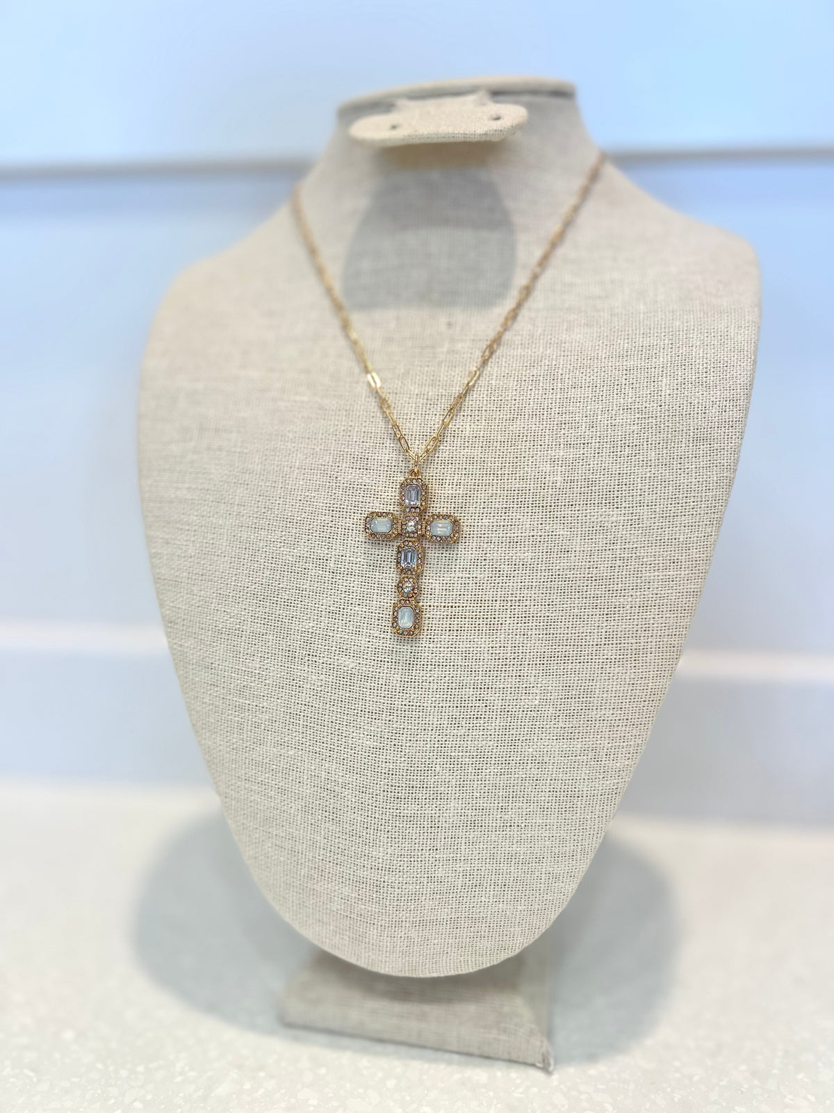 Blue Rhinestone Cross Necklace