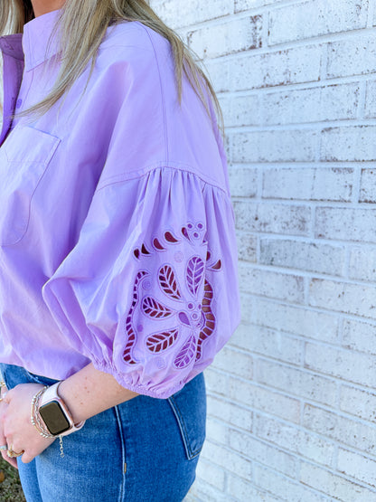 Eyelet Sleeve Button Up Top