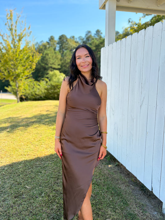 High Neck Asymmetrical Midi Dress