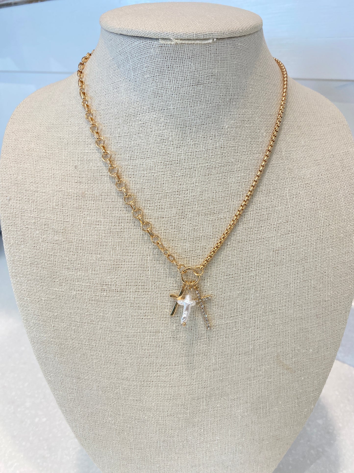Gold Rhinestone Cross Necklace