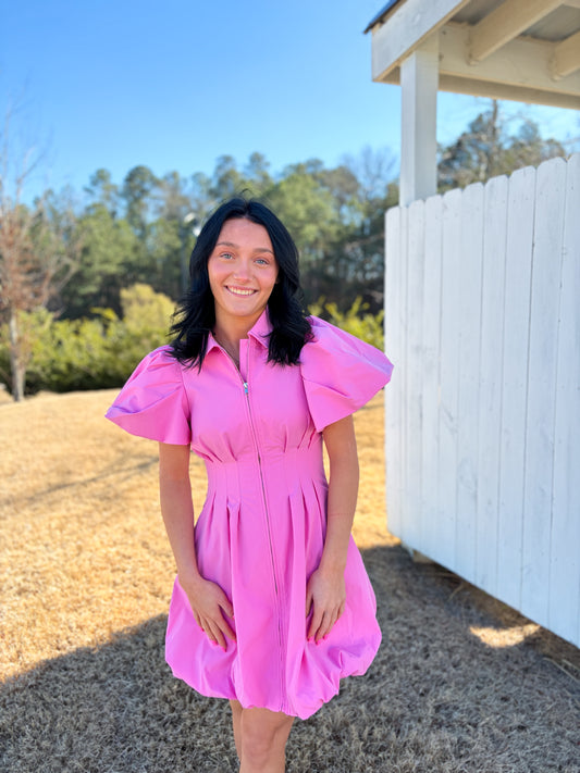 Puff Sleeve Zip-Up Mini Dress