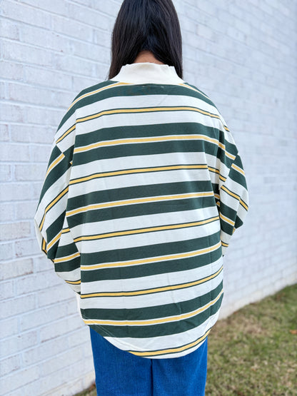 Striped Mock Neck High Low Pullover