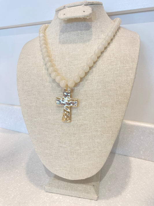Beaded Cross Necklace - Cream