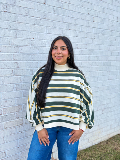 Striped Mock Neck High Low Pullover