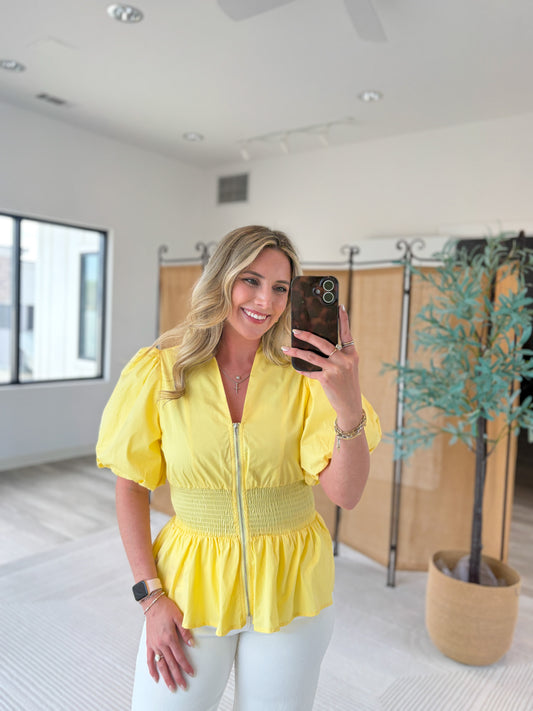 Zip-Up Puff Sleeve Blouse