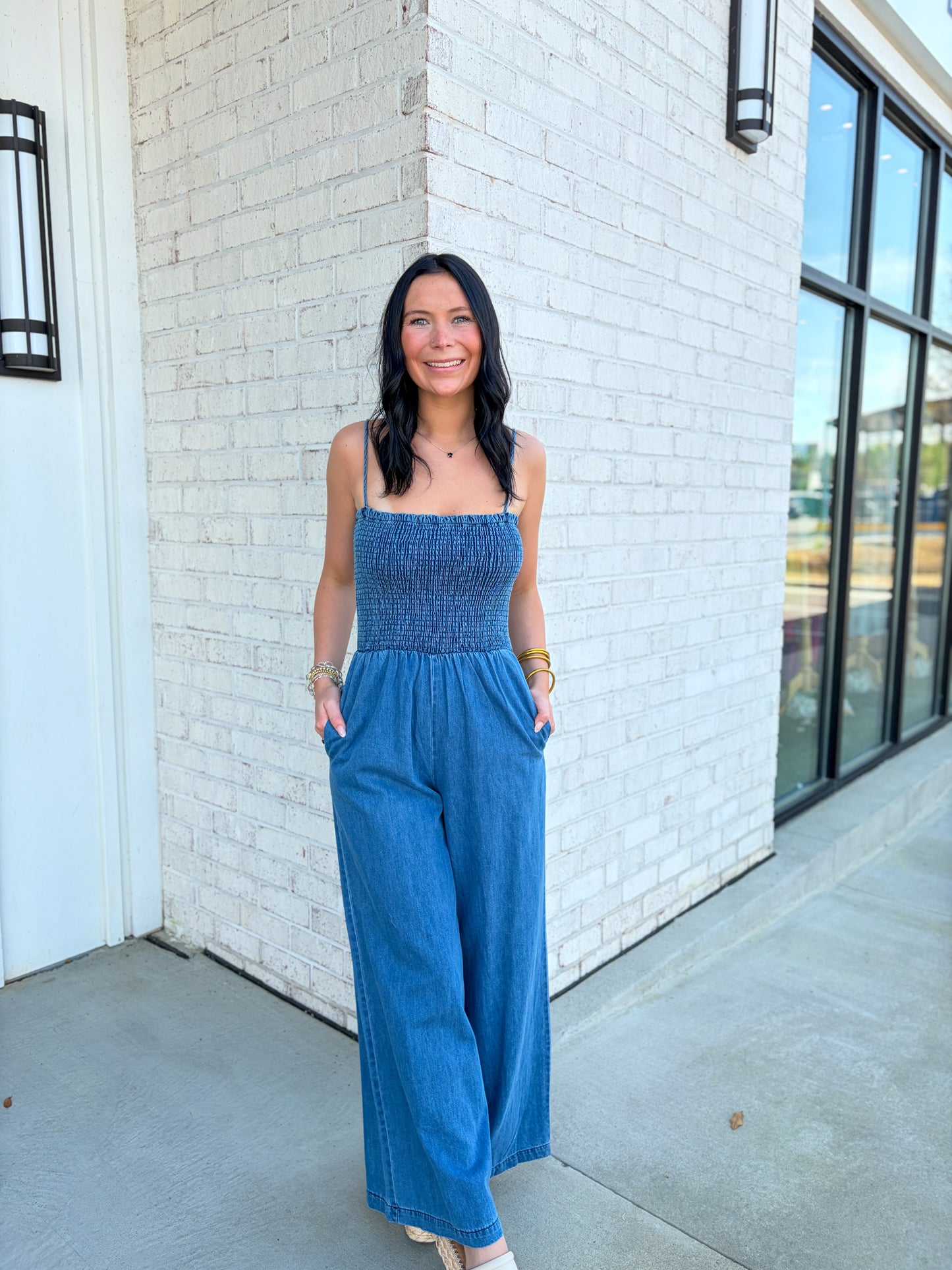 Smocked Denim Jumpsuit