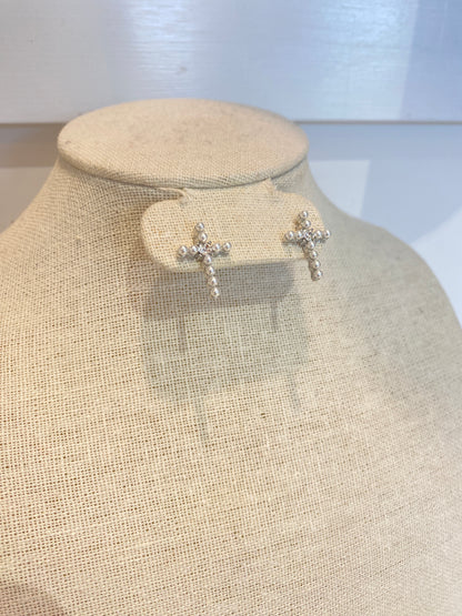 Pearl Silver Cross Studs