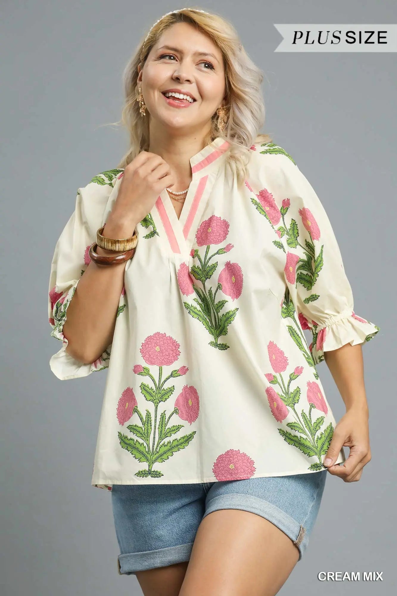 Floral Puff Sleeve Blouse - PLUS