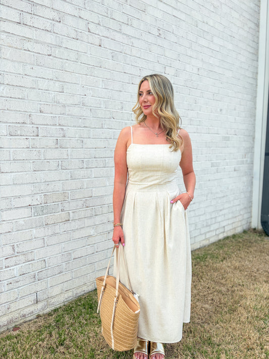 Linen Pleated Midi Dress