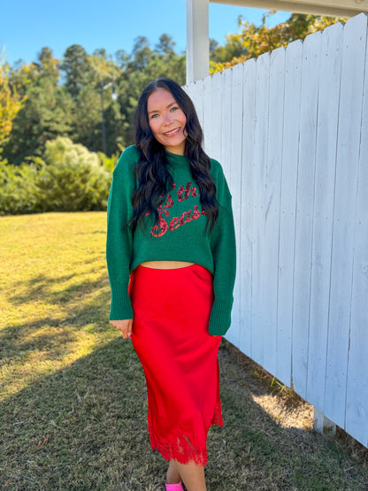 Satin Lace Trim Midi Skirt