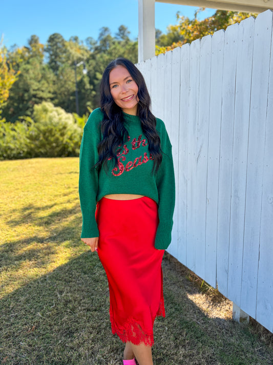 Satin Lace Trim Midi Skirt