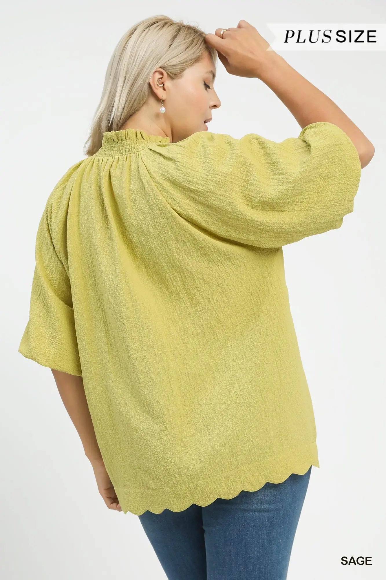 Scalloped Puff Sleeve Blouse - PLUS
