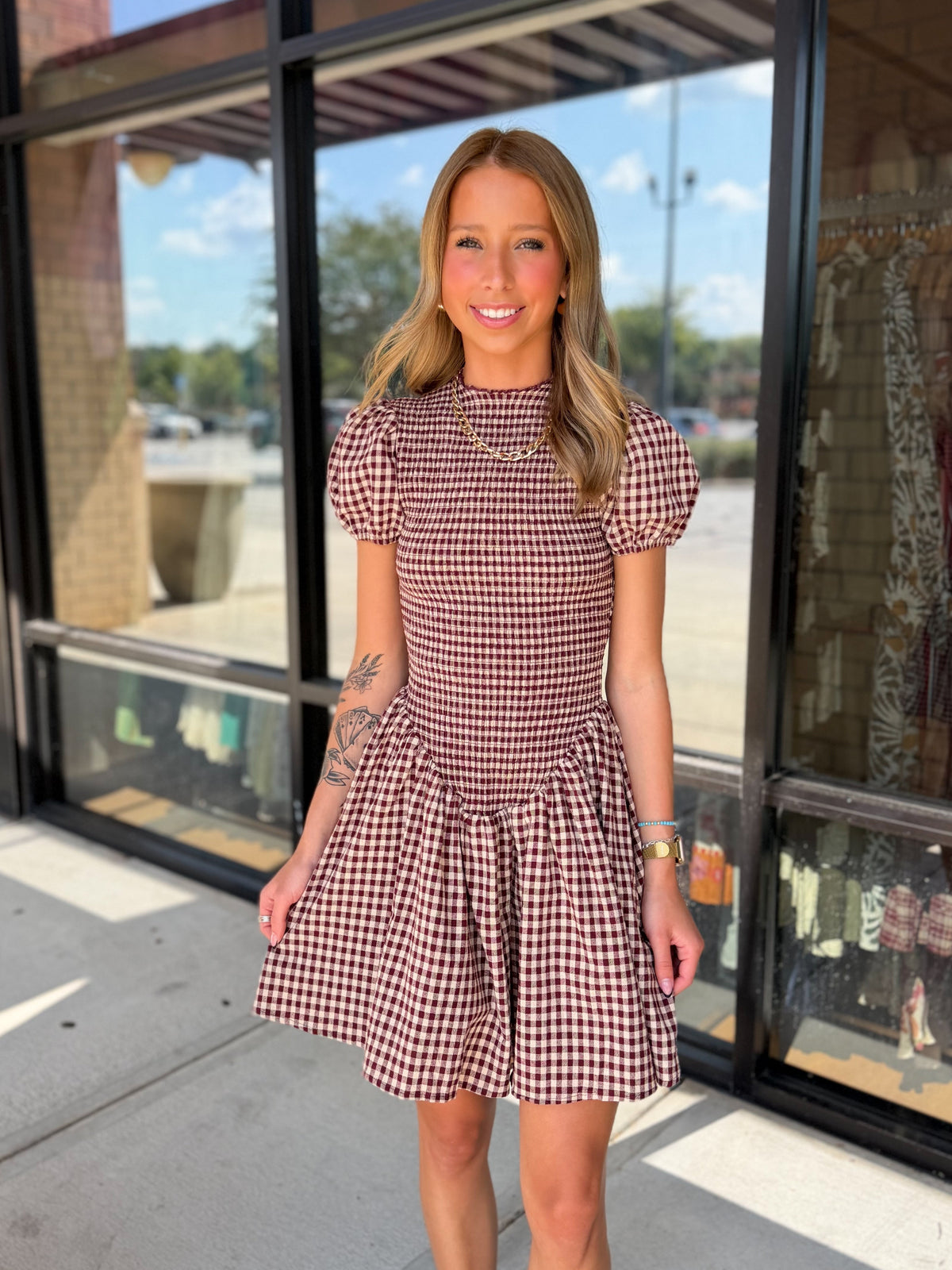 Smocked Gingham Drop Waist Mini Dress