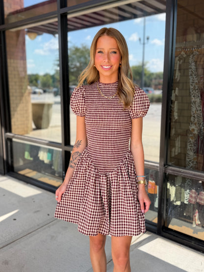 Smocked Gingham Drop Waist Mini Dress