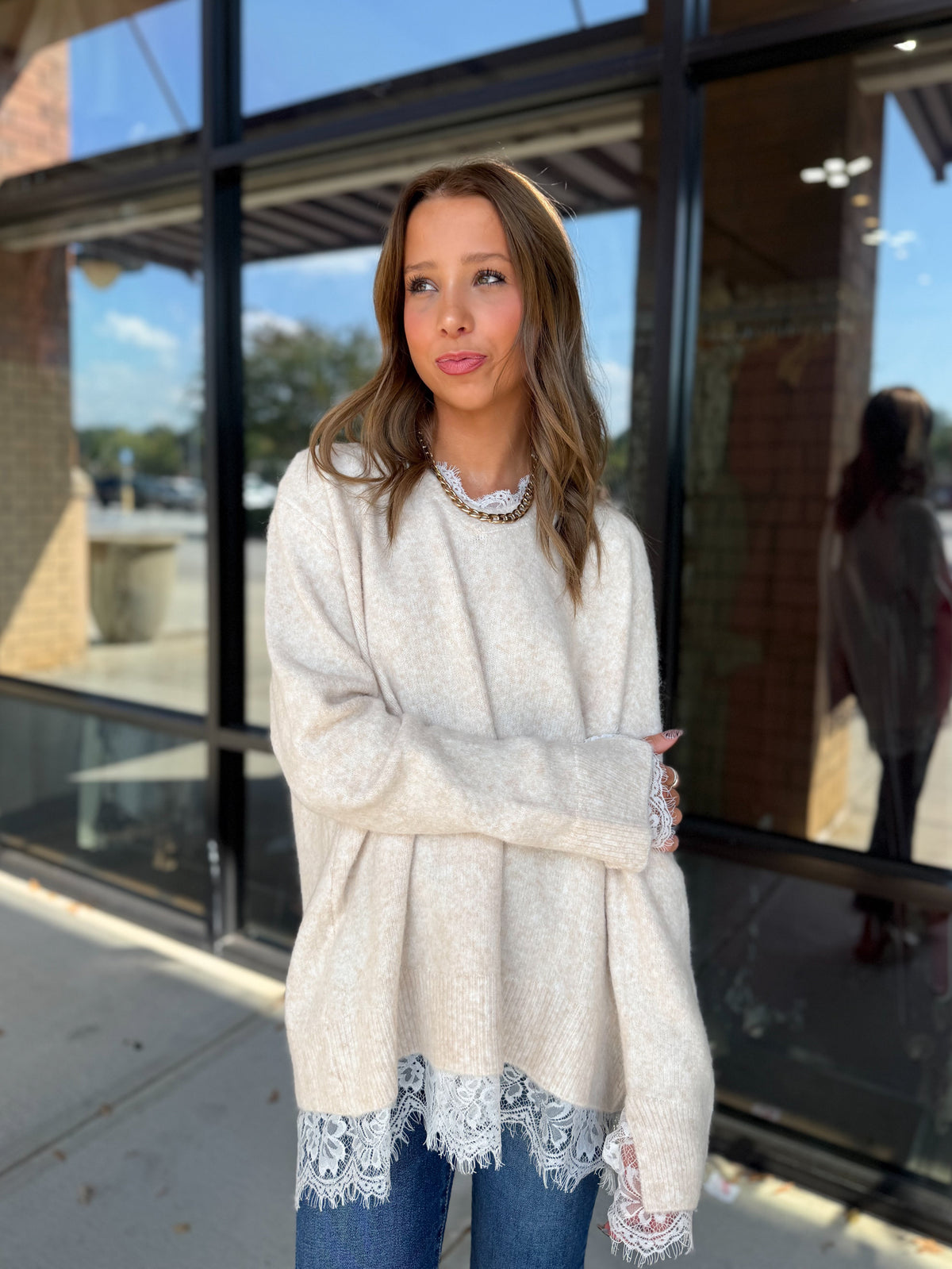 Lace Detailed V-Neck Sweater