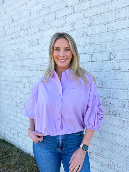 Eyelet Sleeve Button Up Top