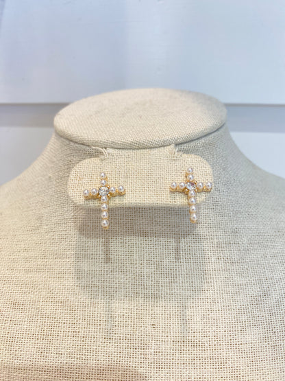 Pearl Gold Cross Studs