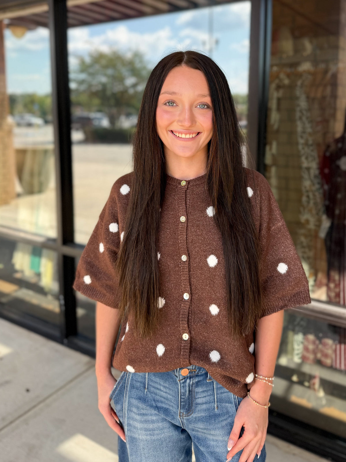 Polka Dot Button Up Sweater Top